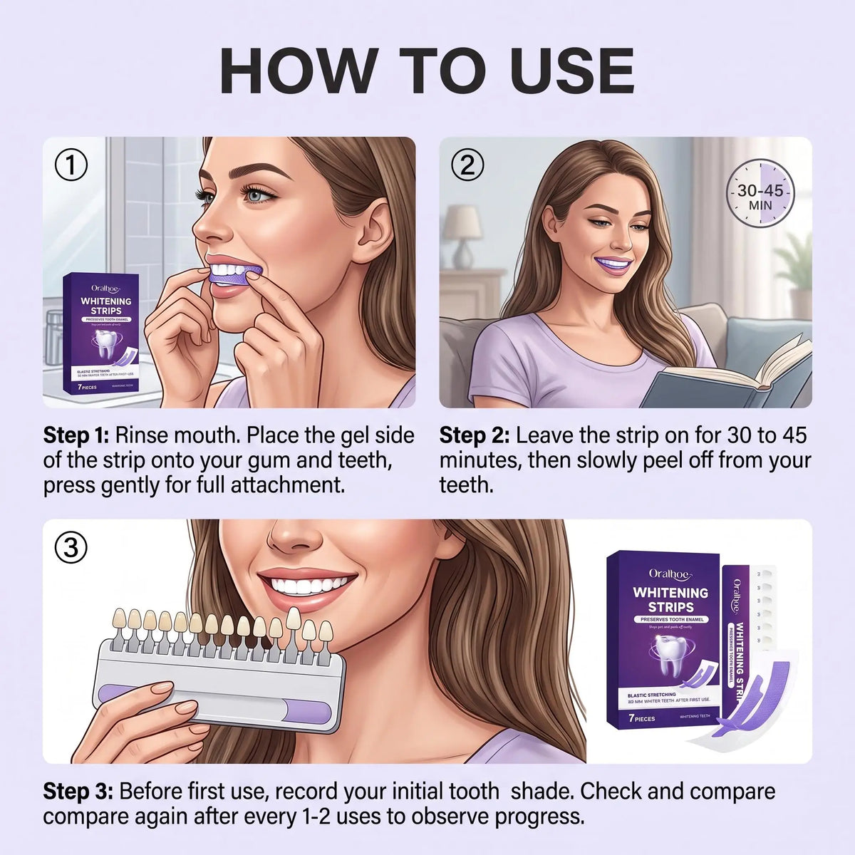 Purple Teeth Whitening Strips Gentle Formula Enamel Safe Stain Removal Sensitive Teeth Care Bleaching Shade Guide Dental Care Patches