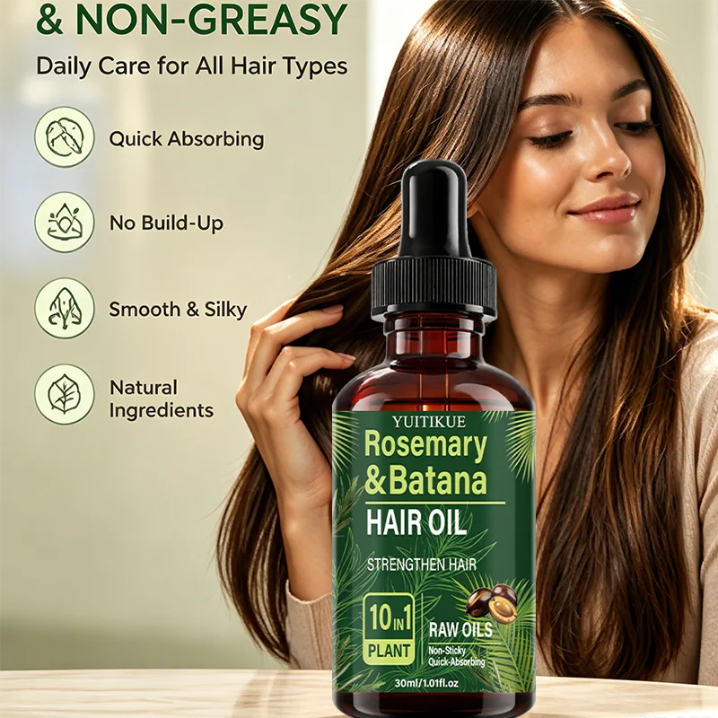 YUITIKUE Rosemary & Batana Hair Oil 30ml 10 In 1 Plant Raw Oil Strengthen Hair Non-Sticky Fast Absorbing Hair Care Serum