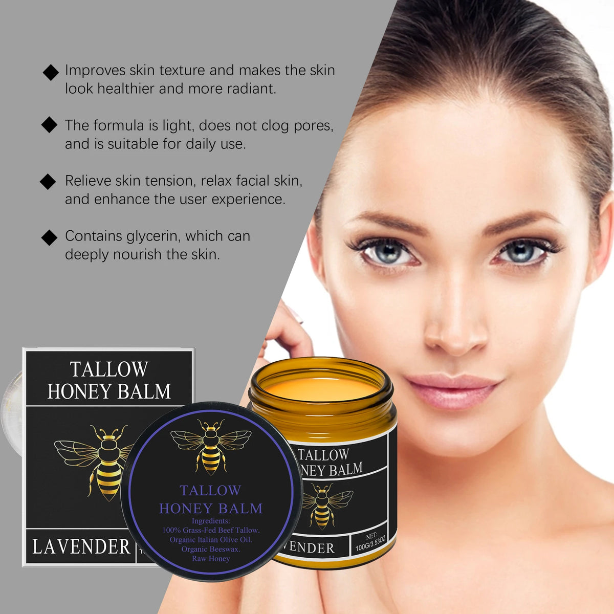 Beef Tallow Honey Moisturizer Grass Fed Whipped Tallow Face Cream Body Lotion Non Greasy Nourishing Fast Absorption Skin Care