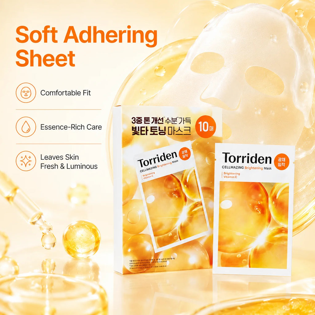 Torriden Cellmazing Brightening Mask 10Pcs, Vitamin C Hydrating Facial Sheet Mask, Anti‑Dullness Even Skin Tone Glow Moisturizin
