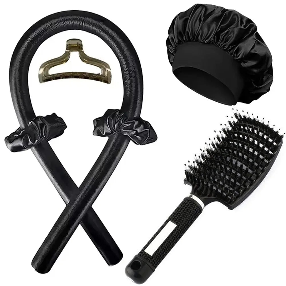 6Pcs No-Heat Hair Curling and Comb Set Satin Bonnet Cushion Hair Brush Overnight Wave Maker Hair Care Kit Styling accessories