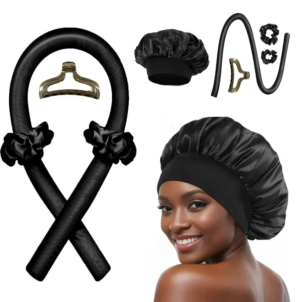 6Pcs No-Heat Hair Curling and Comb Set Satin Bonnet Cushion Hair Brush Overnight Wave Maker Hair Care Kit Styling accessories