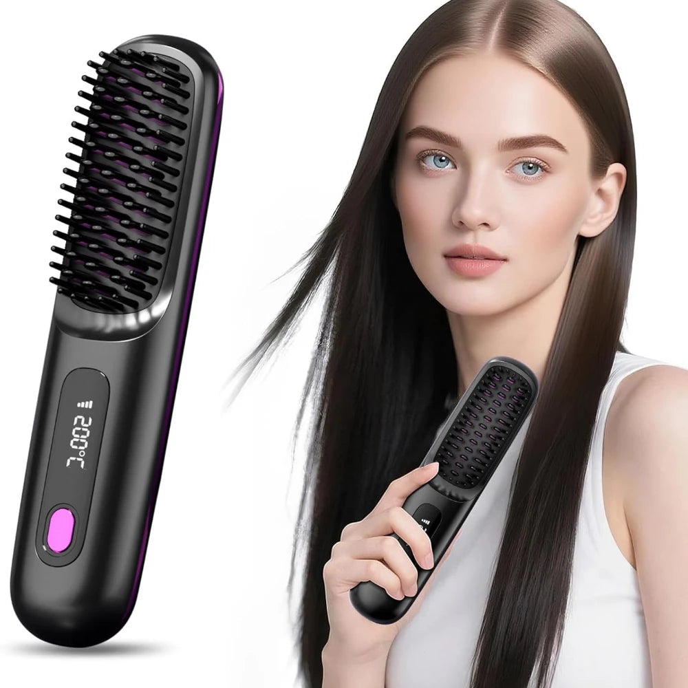 Hair Straightener Brush with LCD Display Cordless USB Charging Straightener Portable Mini Straightening Brush for Home Travel