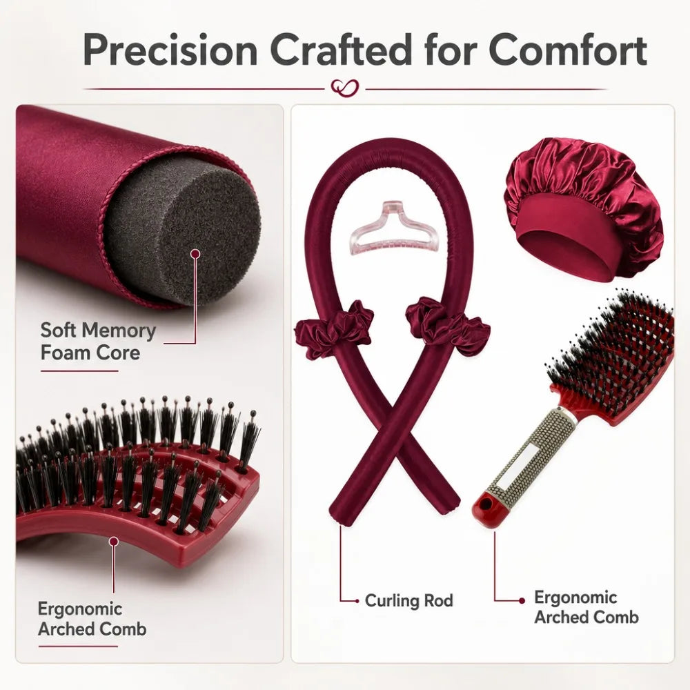 6Pcs No-Heat Hair Curling and Comb Set Satin Bonnet Cushion Hair Brush Overnight Wave Maker Hair Care Kit Styling accessories