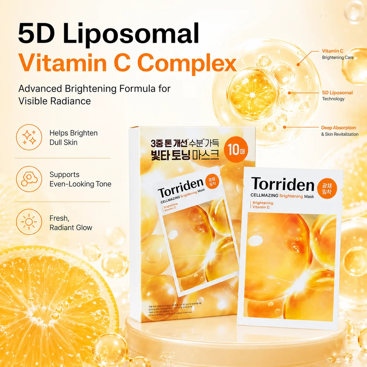 Torriden Cellmazing Brightening Mask 10Pcs, Vitamin C Hydrating Facial Sheet Mask, Anti‑Dullness Even Skin Tone Glow Moisturizin