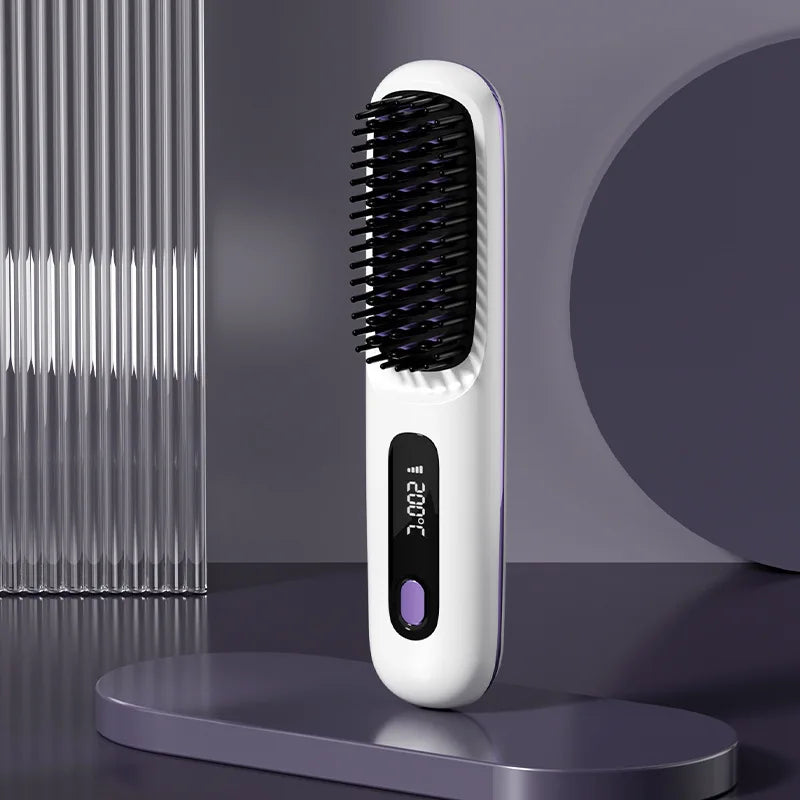 Hair Straightener Brush with LCD Display Cordless USB Charging Straightener Portable Mini Straightening Brush for Home Travel