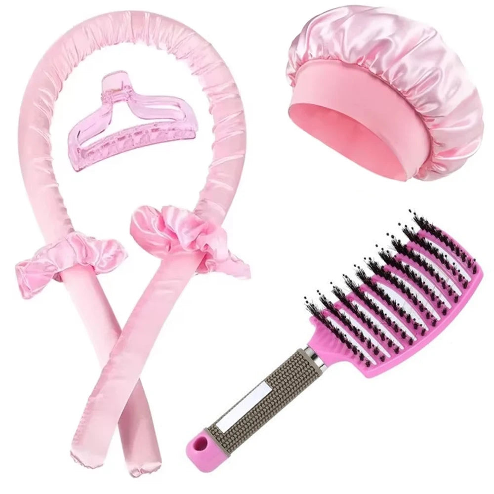 6Pcs No-Heat Hair Curling and Comb Set Satin Bonnet Cushion Hair Brush Overnight Wave Maker Hair Care Kit Styling accessories
