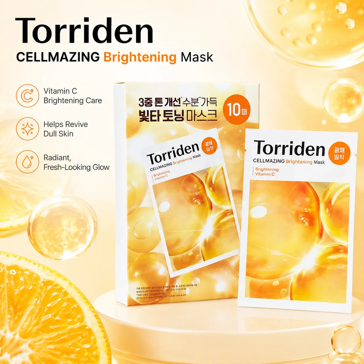 Torriden Cellmazing Brightening Mask 10Pcs, Vitamin C Hydrating Facial Sheet Mask, Anti‑Dullness Even Skin Tone Glow Moisturizin