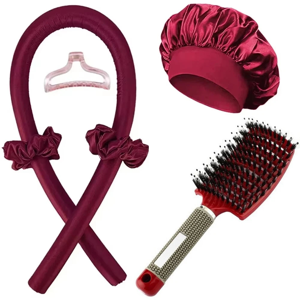 6Pcs No-Heat Hair Curling and Comb Set Satin Bonnet Cushion Hair Brush Overnight Wave Maker Hair Care Kit Styling accessories