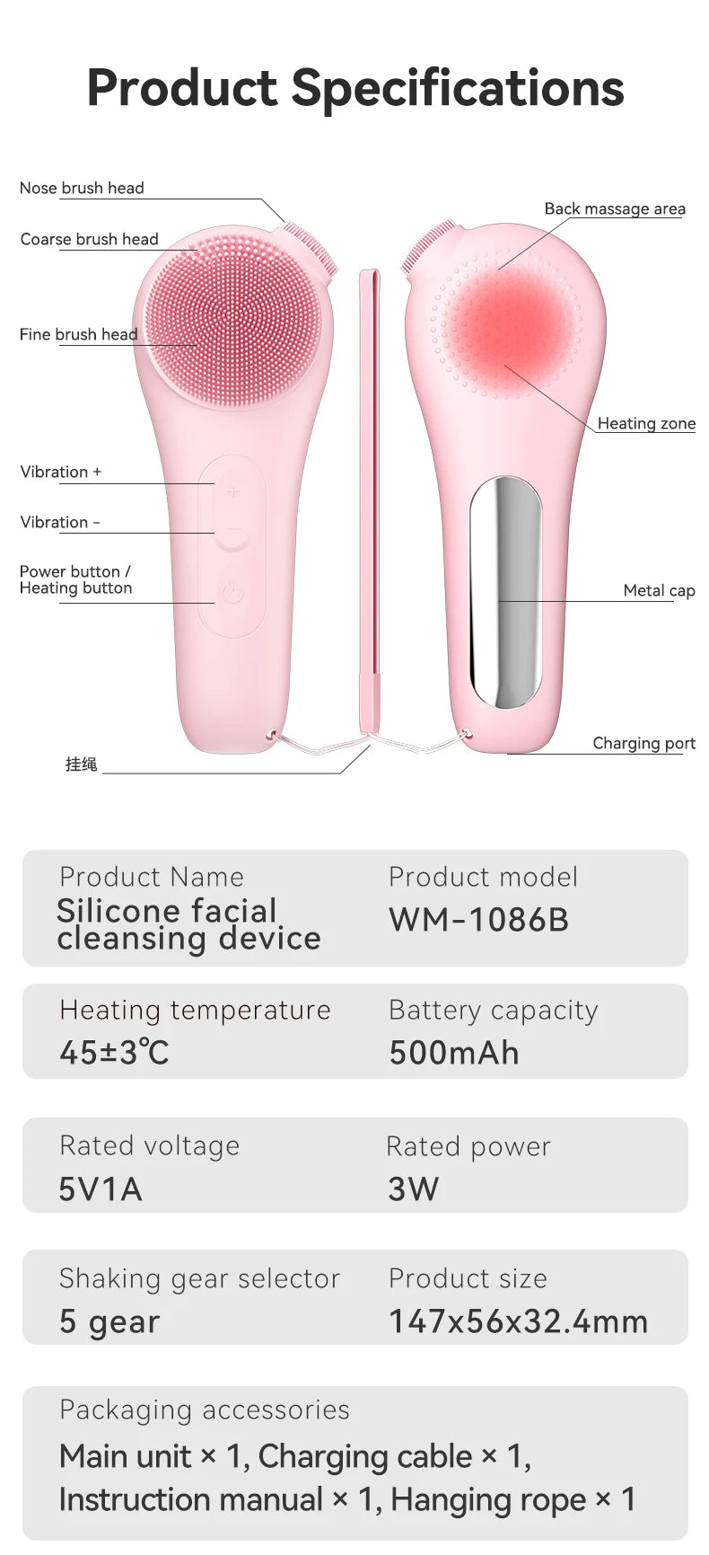 Silicone Face Scrubber, Waterproof Rechargeable Facial Cleansing Brush, 5 Cleansing Modes with Nose Brush for Women & Men Electr