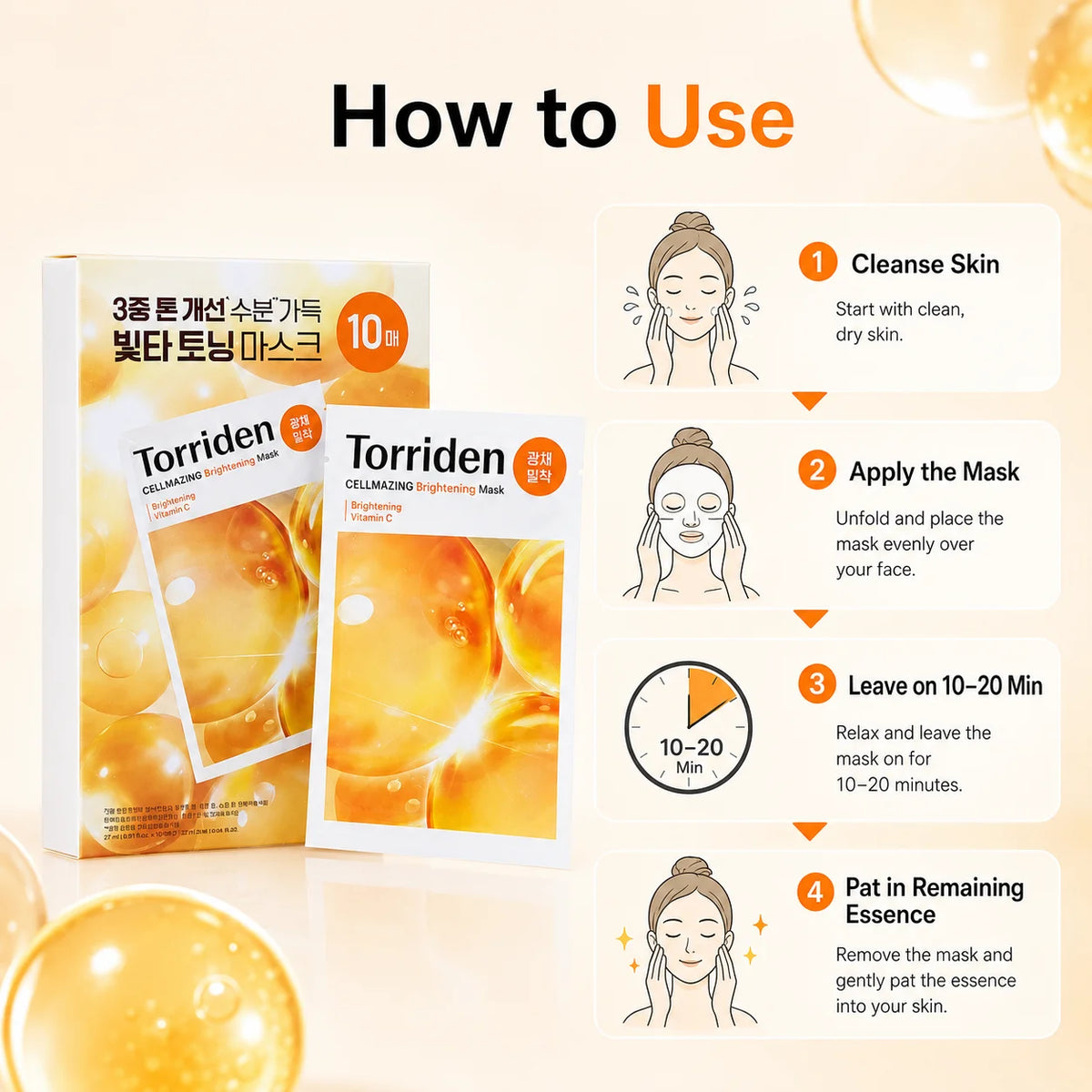Torriden Cellmazing Brightening Mask 10Pcs, Vitamin C Hydrating Facial Sheet Mask, Anti‑Dullness Even Skin Tone Glow Moisturizin